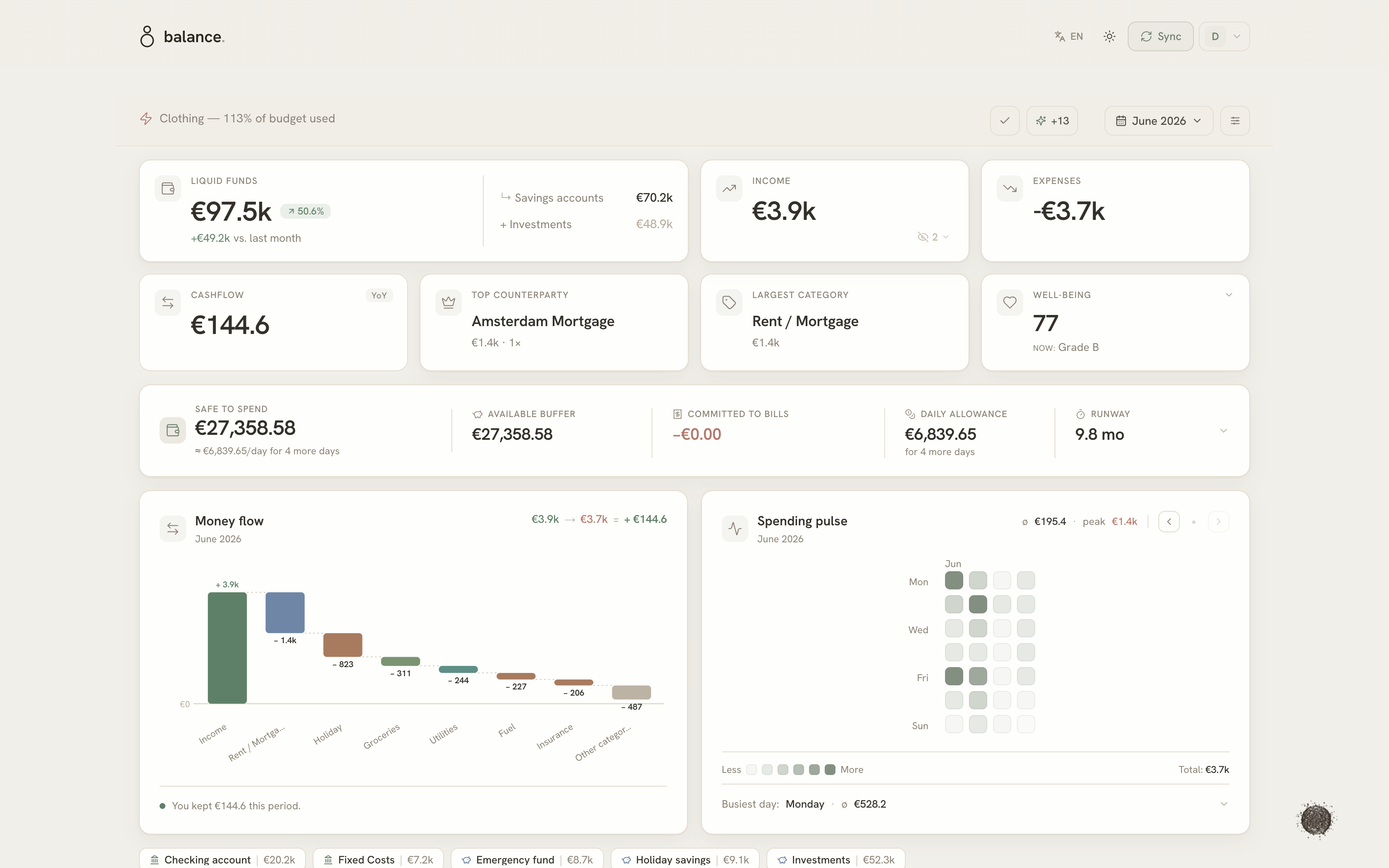 Balance dashboard — light mode